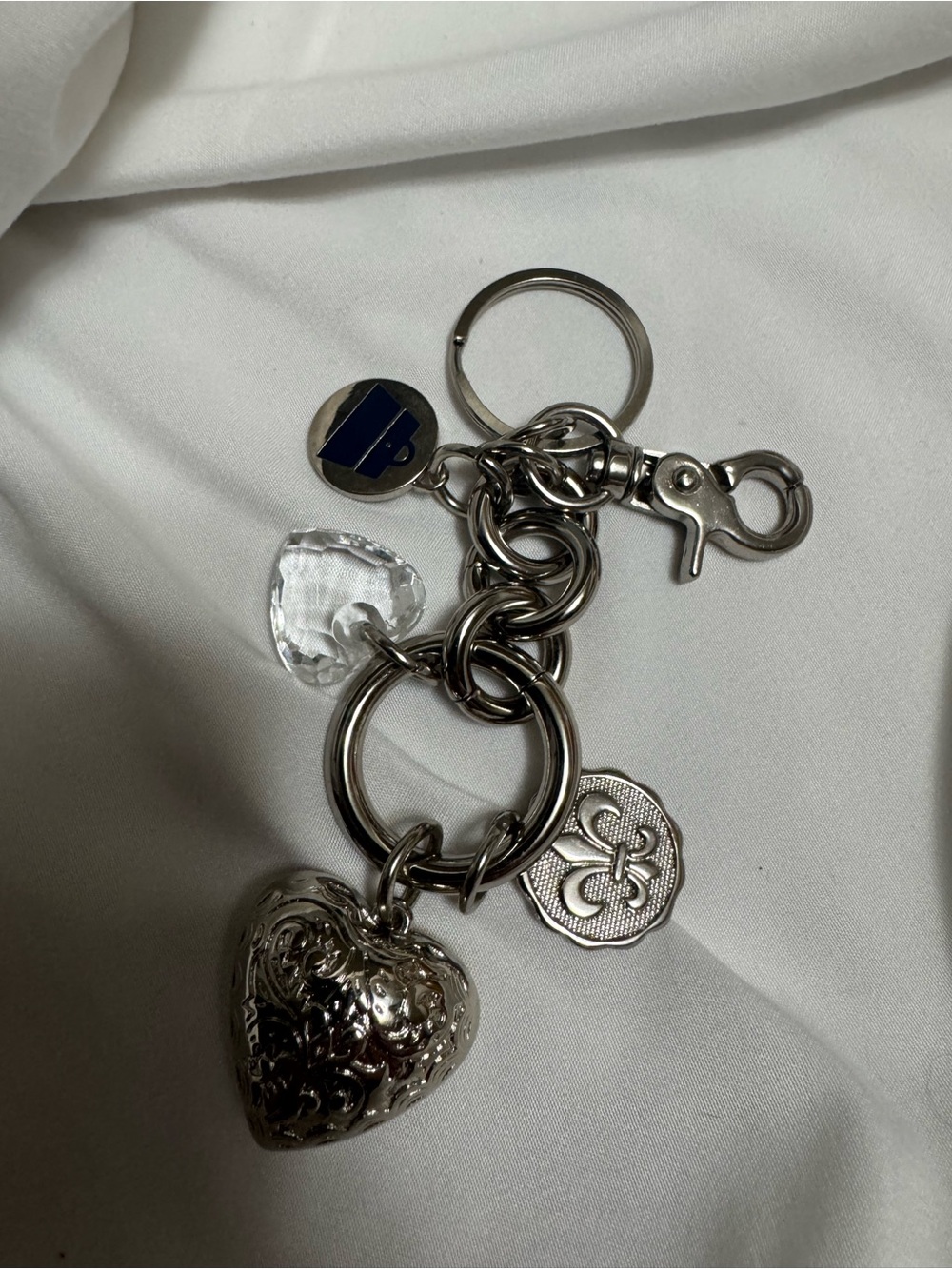 Silver Heart Charm Keychain with Blue Enamel Accent
